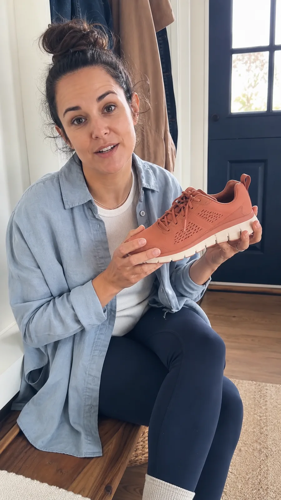 Creator explaining a walking shoe